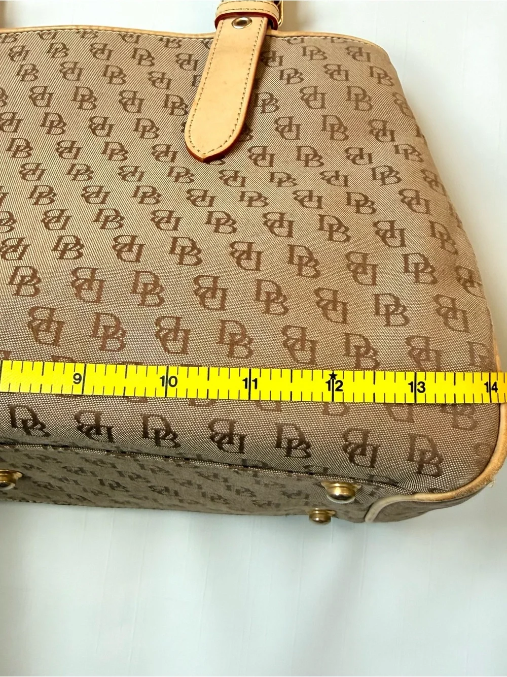 Vintage Dooney & Bourke Signature Logo Canvas Buckle Satchel Bag Tan Leather